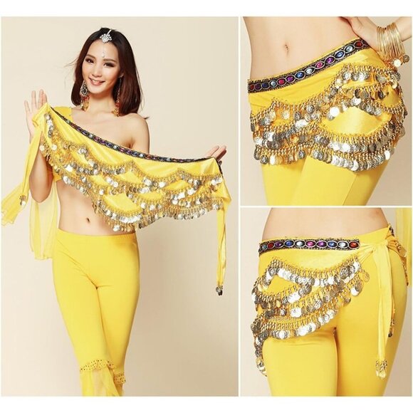 Women's Yellow Triangular Belly Dancing Hip Scarf Wrap Skirt with Gold Coins - Picture 2 of 4